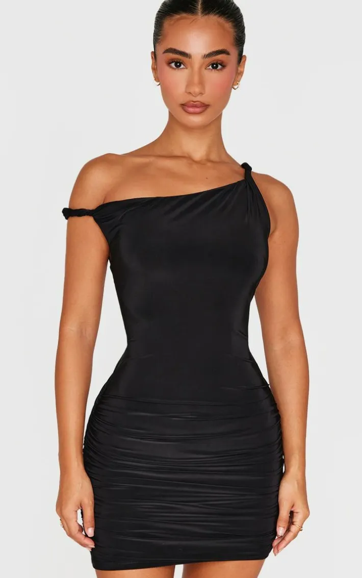 Petite Black Double Slinky Asymmetric Neckline Twist Detail Mini Dress