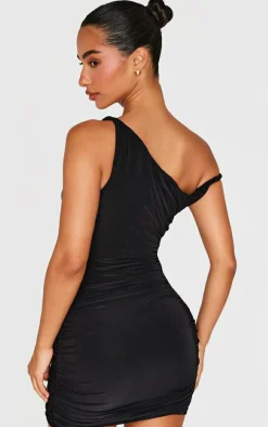 Petite Black Double Slinky Asymmetric Neckline Twist Detail Mini Dress