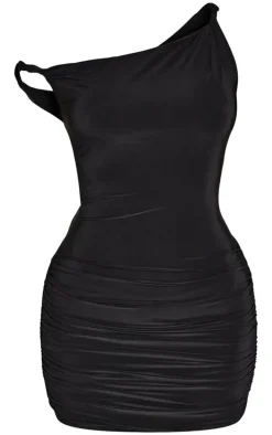 Petite Black Double Slinky Asymmetric Neckline Twist Detail Mini Dress