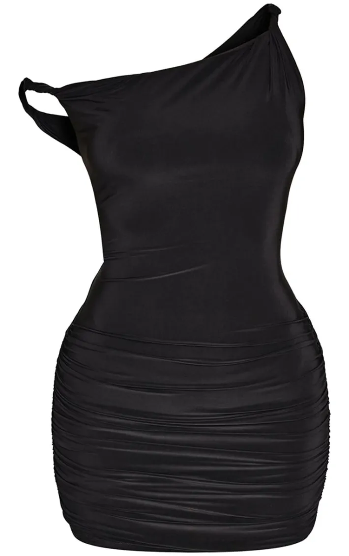 Petite Black Double Slinky Asymmetric Neckline Twist Detail Mini Dress
