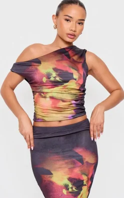 Petite Black Double Slinky Flower Print Asymmetric Top