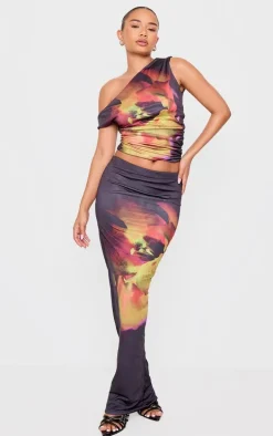 Petite Black Double Slinky Flower Print Asymmetric Top