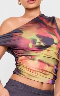 Petite Black Double Slinky Flower Print Asymmetric Top