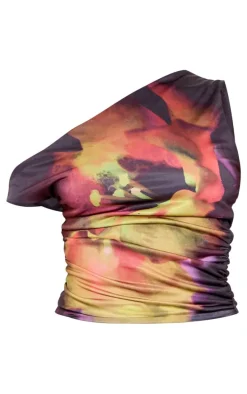 Petite Black Double Slinky Flower Print Asymmetric Top