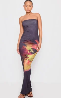 Petite Black Double Slinky Flower Print Bandeau Maxi Dress