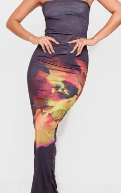 Petite Black Double Slinky Flower Print Bandeau Maxi Dress