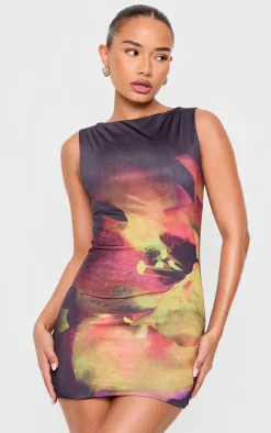 Petite Black Double Slinky Flower Print Mini Dress