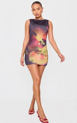 Petite Black Double Slinky Flower Print Mini Dress