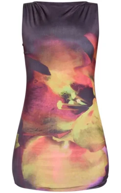 Petite Black Double Slinky Flower Print Mini Dress