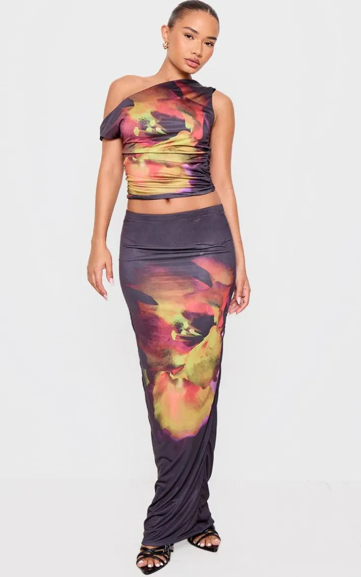 Petite Black Double Slinky Flower Print Maxi Skirt