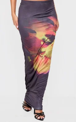 Petite Black Double Slinky Flower Print Maxi Skirt