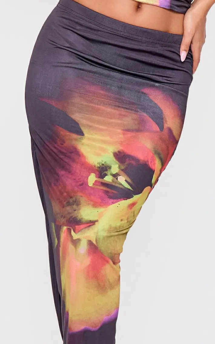 Petite Black Double Slinky Flower Print Maxi Skirt