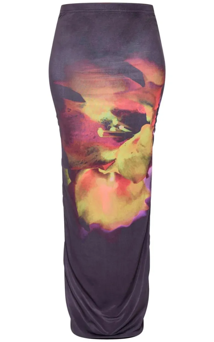 Petite Black Double Slinky Flower Print Maxi Skirt
