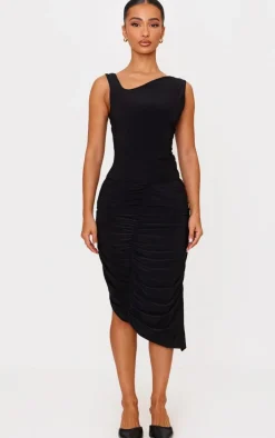 Petite Black Double Slinky Asymmetric Midi Skirt