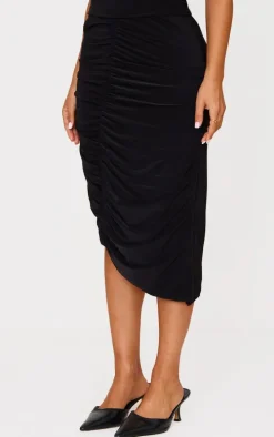 Petite Black Double Slinky Asymmetric Midi Skirt
