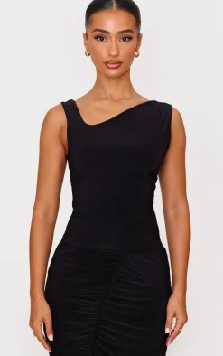 Petite Black Double Slinky Asymmetric Midi Skirt