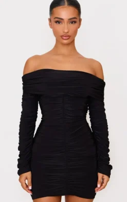 Petite Black Double Slinky Bardot Ruched Mini Dress