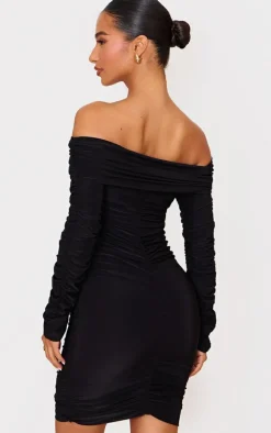 Petite Black Double Slinky Bardot Ruched Mini Dress