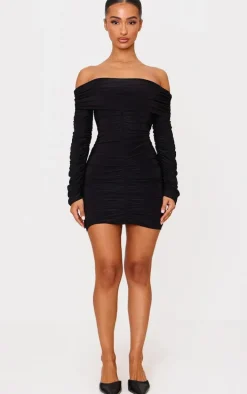Petite Black Double Slinky Bardot Ruched Mini Dress