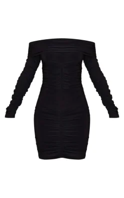 Petite Black Double Slinky Bardot Ruched Mini Dress