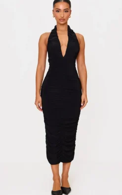 Petite Black Double Slinky Plunge Midi Dress