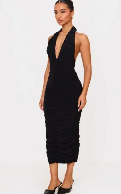 Petite Black Double Slinky Plunge Midi Dress