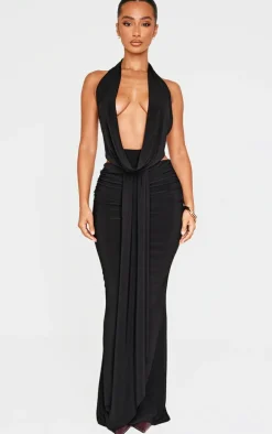 Petite Black Drape Detail Maxi Skirt