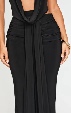 Petite Black Drape Detail Maxi Skirt