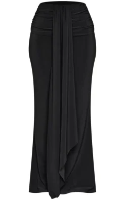 Petite Black Drape Detail Maxi Skirt