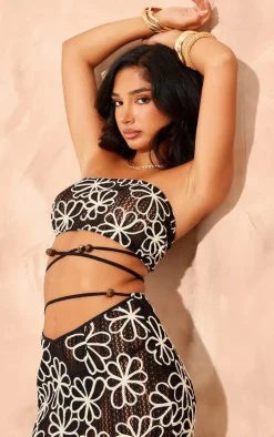 Petite Black Embroidered Flower Bandeau Top