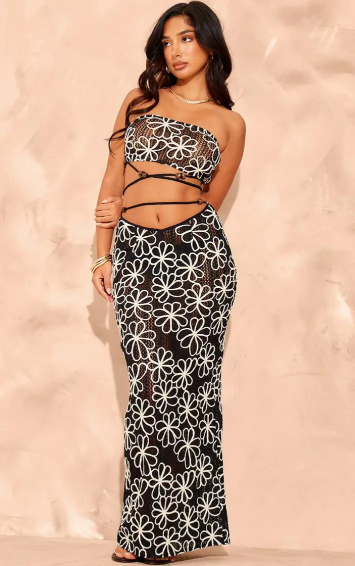 Petite Black Embroidered Flower Bandeau Top