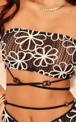 Petite Black Embroidered Flower Bandeau Top