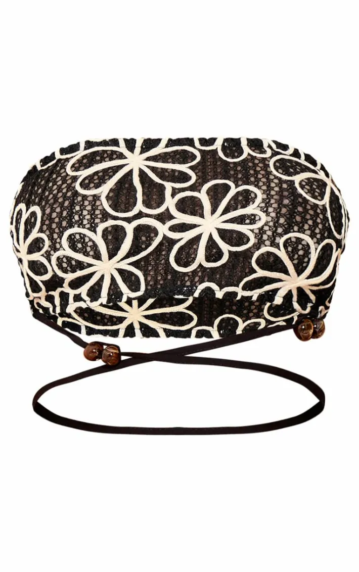 Petite Black Embroidered Flower Bandeau Top