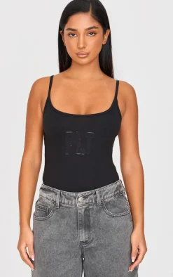Petite Black Embroidered Strappy Bodysuit