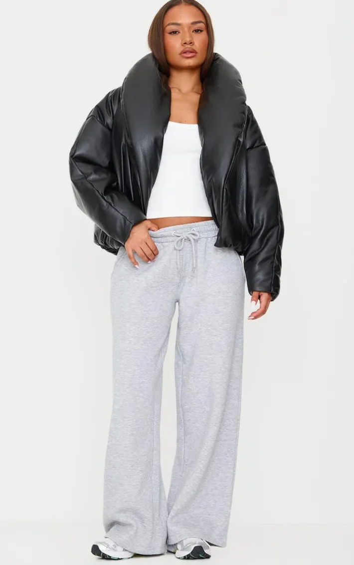 Petite Black Exaggerated Collar PU Puffer Coat