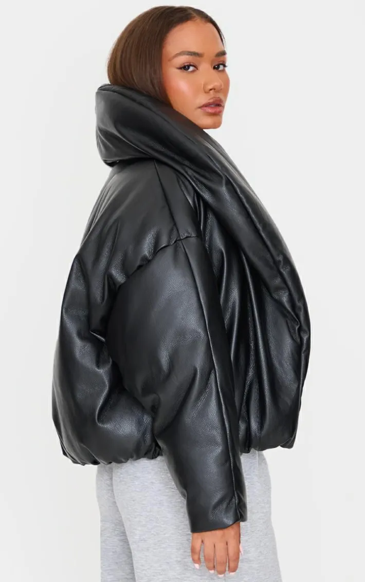 Petite Black Exaggerated Collar PU Puffer Coat
