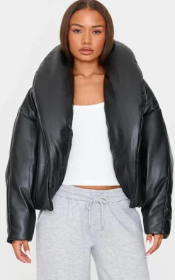 Petite Black Exaggerated Collar PU Puffer Coat