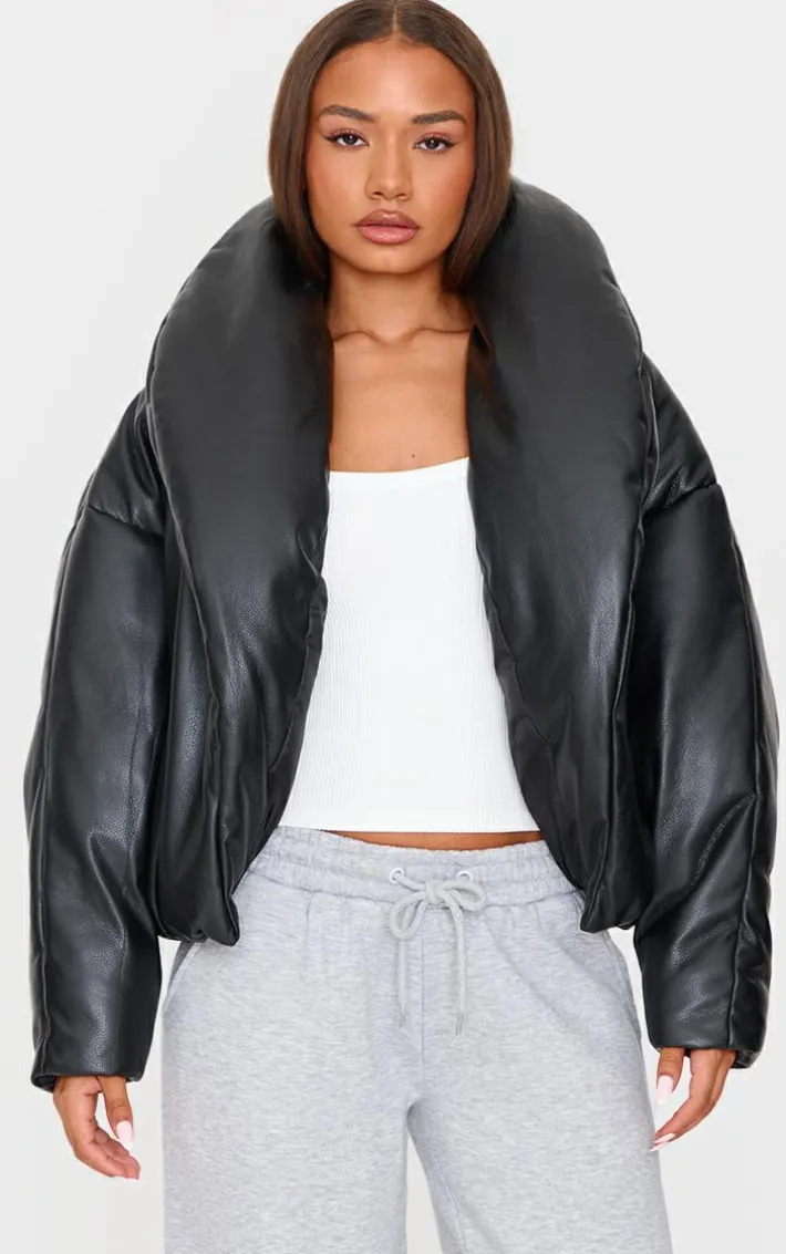 Petite Black Exaggerated Collar PU Puffer Coat