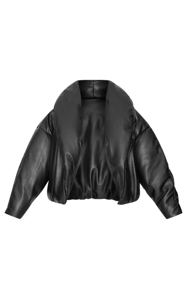 Petite Black Exaggerated Collar PU Puffer Coat