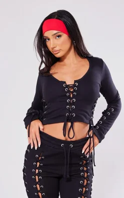 Petite Black Eyelet Detail Fitted Crop Top