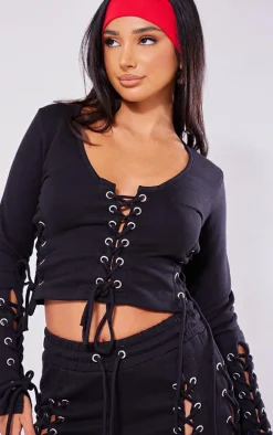 Petite Black Eyelet Detail Fitted Crop Top