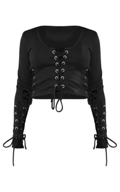 Petite Black Eyelet Detail Fitted Crop Top