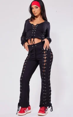 Petite Black Eyelet Detail Lace Up Sweatpants