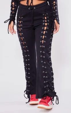 Petite Black Eyelet Detail Lace Up Sweatpants
