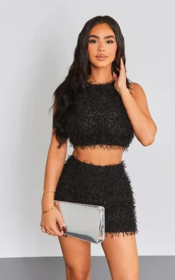 Petite Black Faux Glitter Feather Crop Top