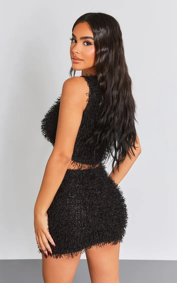 Petite Black Faux Glitter Feather Crop Top