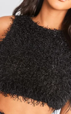 Petite Black Faux Glitter Feather Crop Top