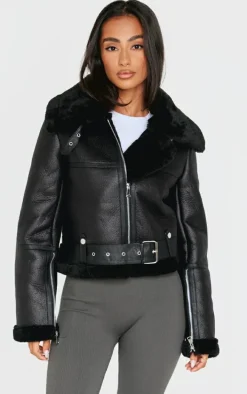 Petite Black Faux Leather Aviator Jacket