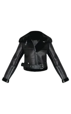 Petite Black Faux Leather Aviator Jacket