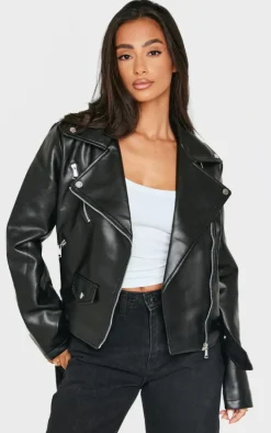 Petite Black Faux Leather Zip Detail Biker Jacket